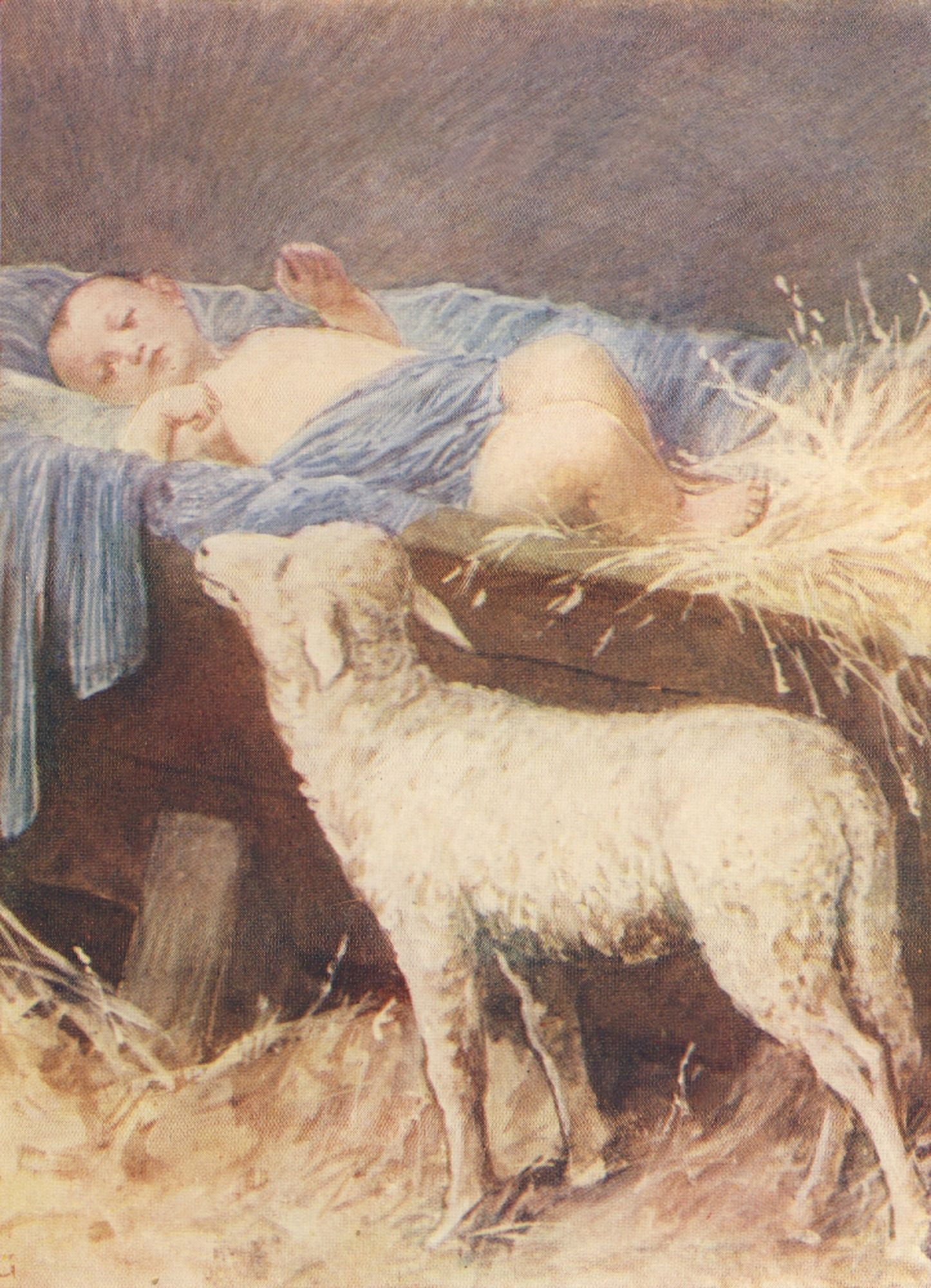 The Childrens Story of the Life of Jesus 1912 Jesus in a manger with a lamb Canvas Art - Unknown (18 x 24)