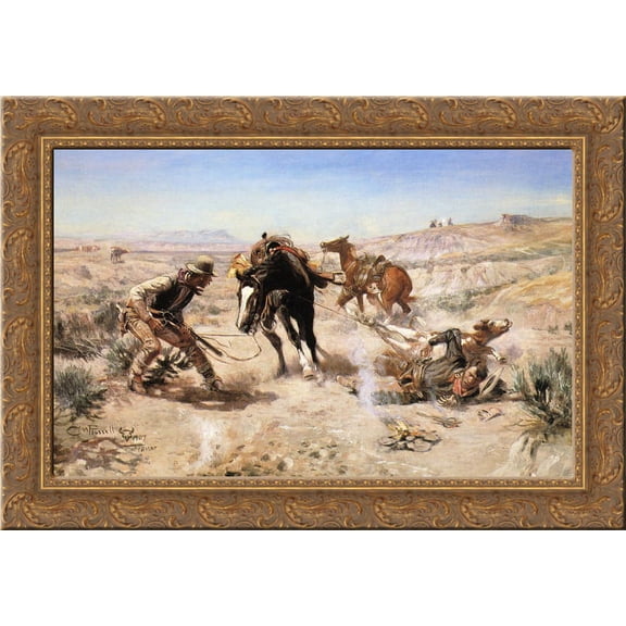 The Cinch Ring 24x18 Gold Ornate Wood Framed Canvas Art by Charles M. Russell