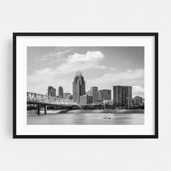 The Cincinnati Skyline 02 B&W - Cincinnati Ohio Photography Black Framed Wall Art Print 24 x 36 inches