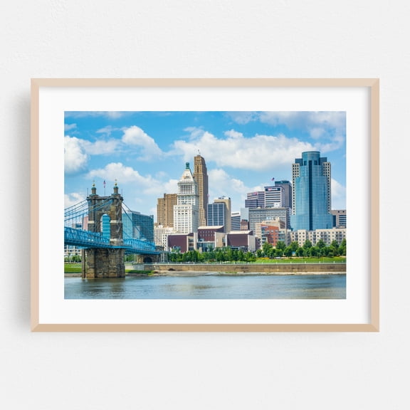 The Cincinnati Skyline - Cincinnati Ohio Photography City Skyline Bridge Architecture Travel Poster Oak Framed Wall Art Print 9 x 12 inches