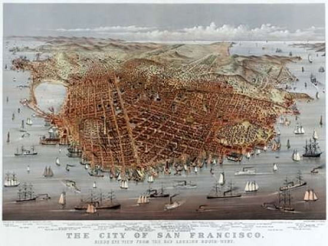 The City of San Francisco Birds Eye View from the Bay Looking South-West Canvas Art - Currier and Ives (18 x 24)