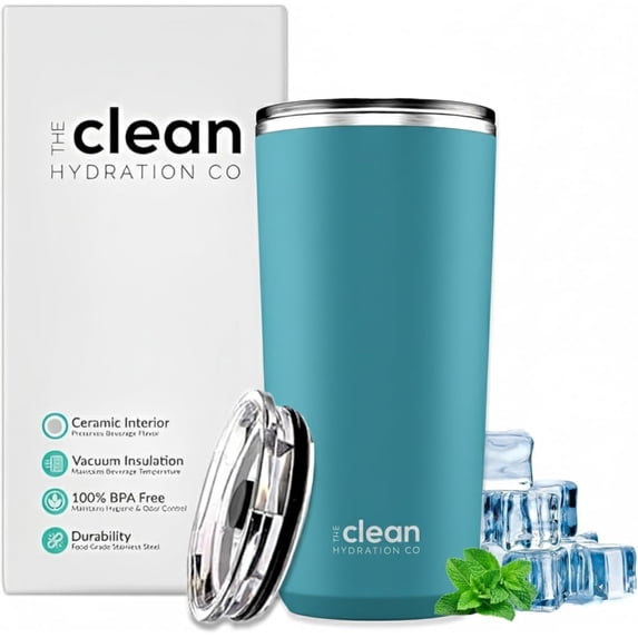 The Clean Hydration 20 oz Insulated Stainless Steel Travel Mug with Ceramic Inner Coating and No Metal Taste - Aqua