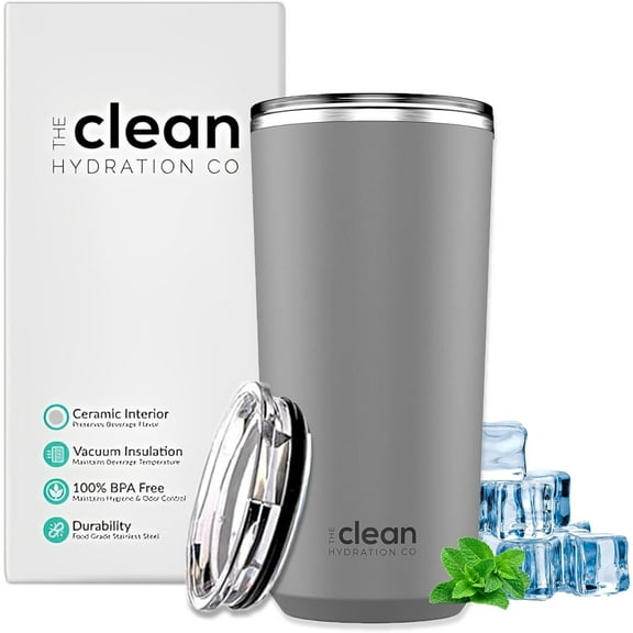Clean Hydration 20 oz Ceramic-Lined Insulated Tumbler with Double-Wall Vacuum Insulation and Spill-Proof Lid - Grey