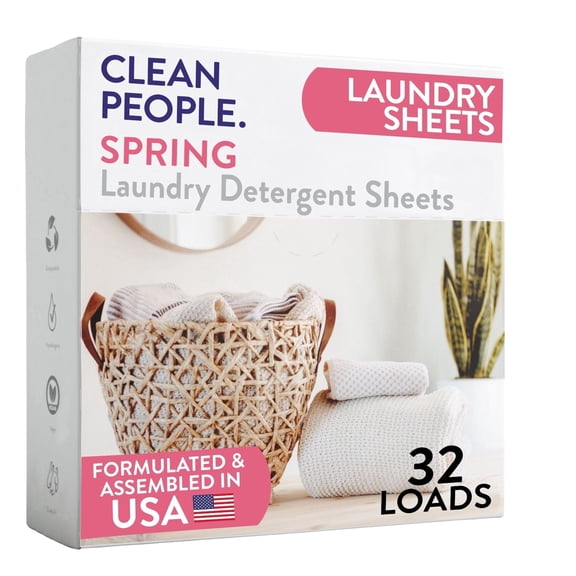 The Clean People Laundry Detergent Sheets - Laundry Soap - Ultra Concentrated, Recyclable Packaging, Stain Fighting - Spring Scent, 32 Pack