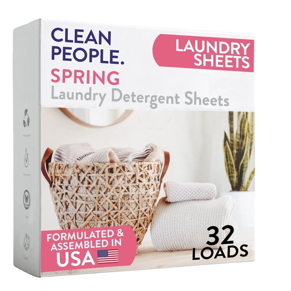 The Clean People Laundry Detergent Sheets - Laundry Soap - Ultra Concentrated, Recyclable Packaging, Stain Fighting - Spring Scent, 32 Pack