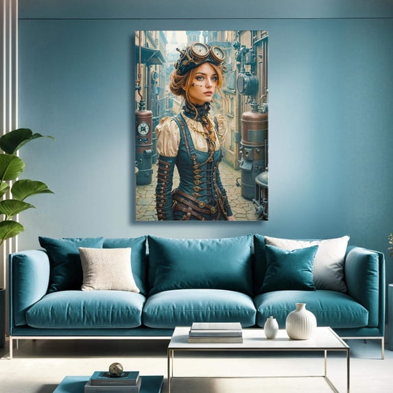 The Clockwork Woman Engineer Canvas Print – Steampunk Inventor Art, Industrial Retro Wall Decor