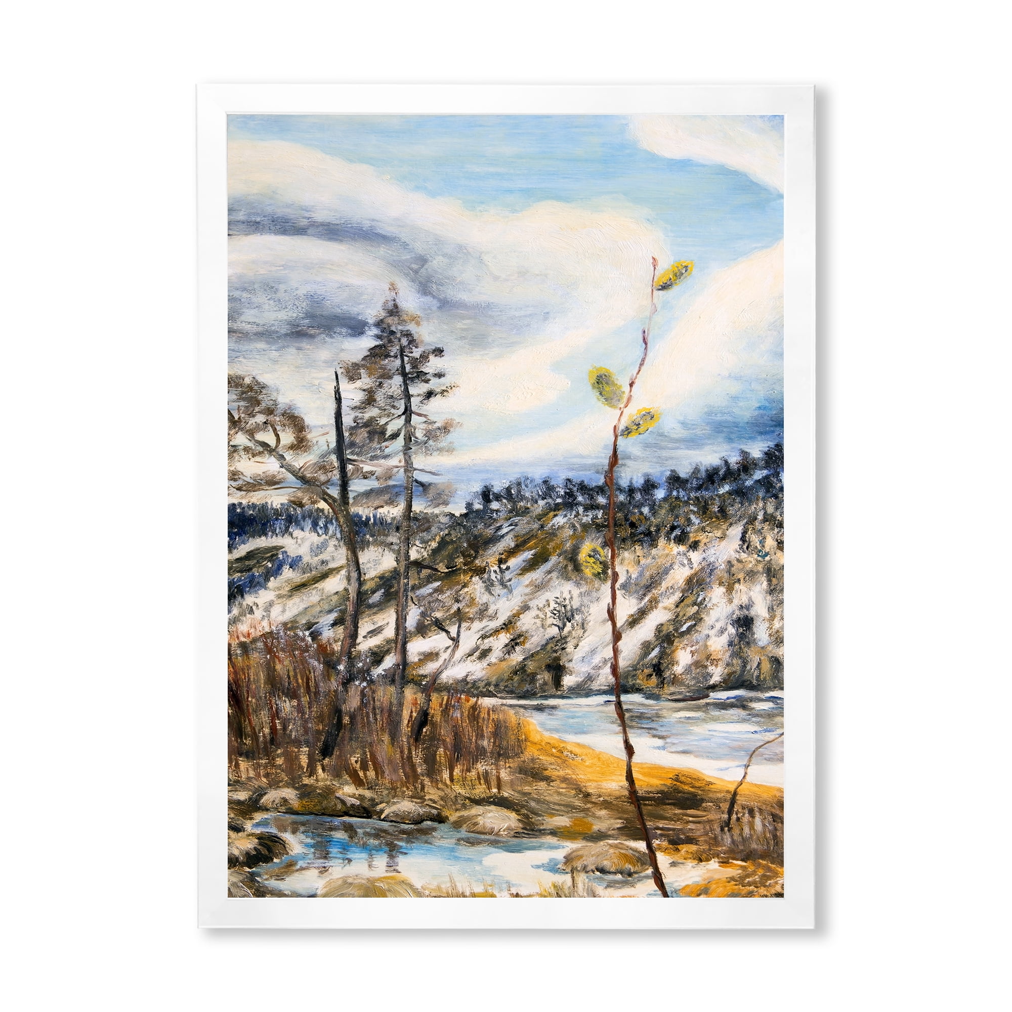 The Cloudy Sky and The River With Spring Landscape 12 in x 20 in Framed Painting Canvas Art Print, by Designart
