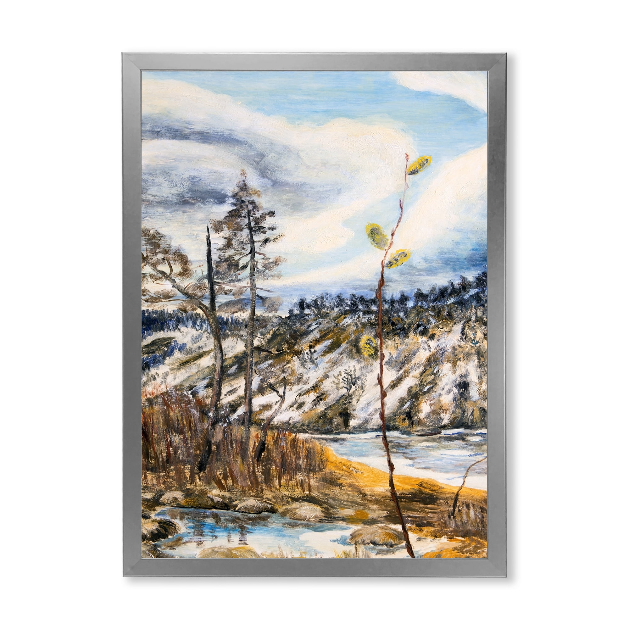 The Cloudy Sky and The River With Spring Landscape 12 in x 20 in Framed Painting Canvas Art Print, by Designart