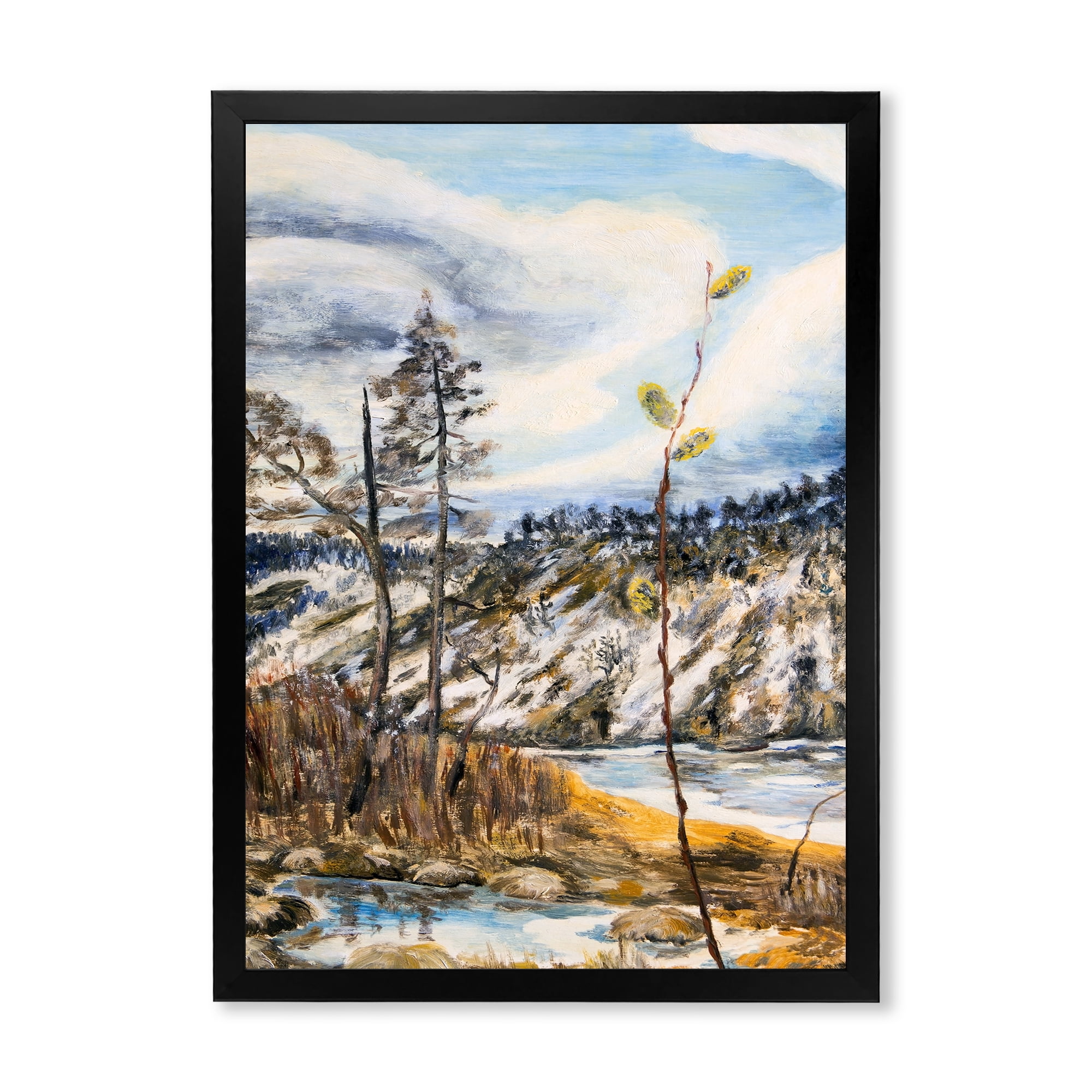 The Cloudy Sky and The River With Spring Landscape 16 in x 32 in Framed Painting Canvas Art Print, by Designart