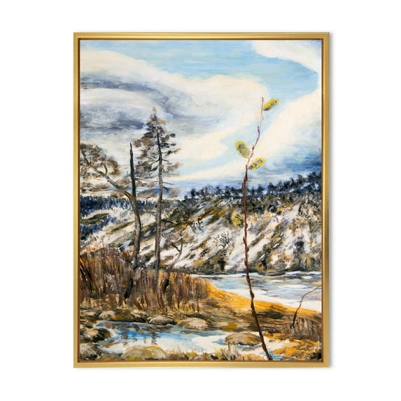 The Cloudy Sky and The River With Spring Landscape 16 in x 32 in Framed Painting Canvas Art Print, by Designart