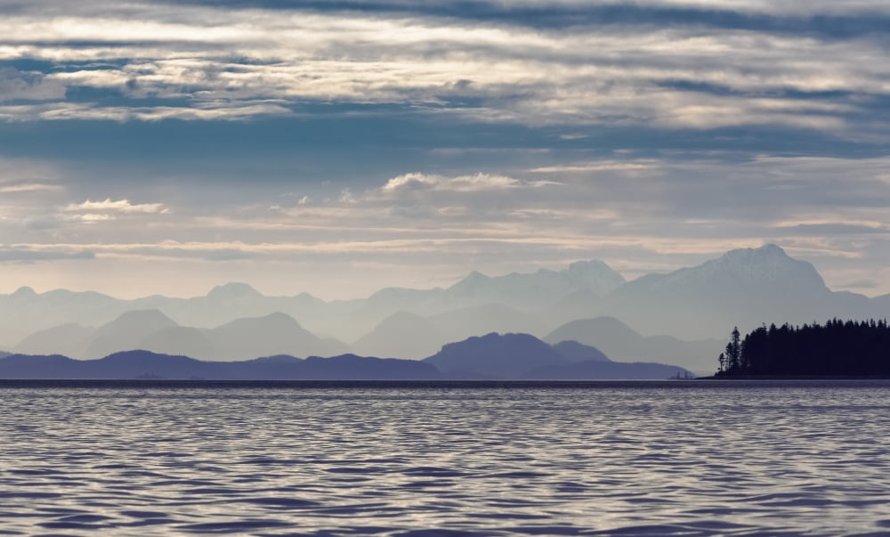 The Coastal Mountain Range Shrouded In A Morning Mist On The Coast British Columbia Canada Canvas Art - Debra Brash Design Pics (38 x 24)