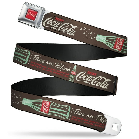 The Coca-Cola Company Belt, Seatbelt Buckle Belt, Coke Drink Coca Cola Pause and Refresh Bottle Brown Red White, 30 to 44 Inches