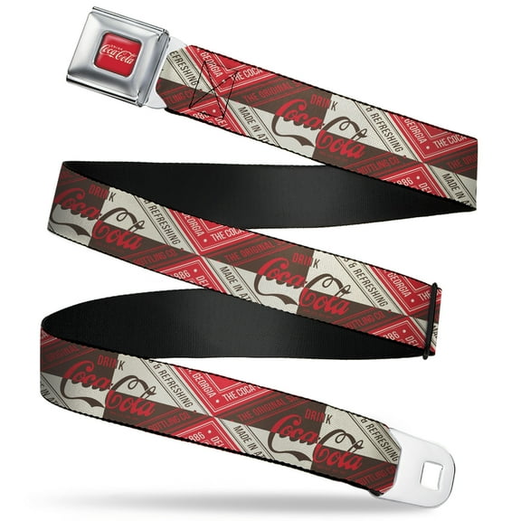 The Coca-Cola Company Belt, Seatbelt Buckle Belt, Drink Coca Cola Coke Diamond Blocks Red Brown Beige, 30 to 44 Inches