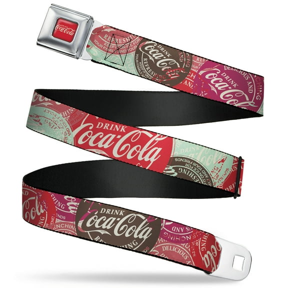 The Coca-Cola Company Belt, Seatbelt Buckle Belt, Drink Coca Cola Coke Patches Stacked Multi Color, Youth 22 to 32 Inches