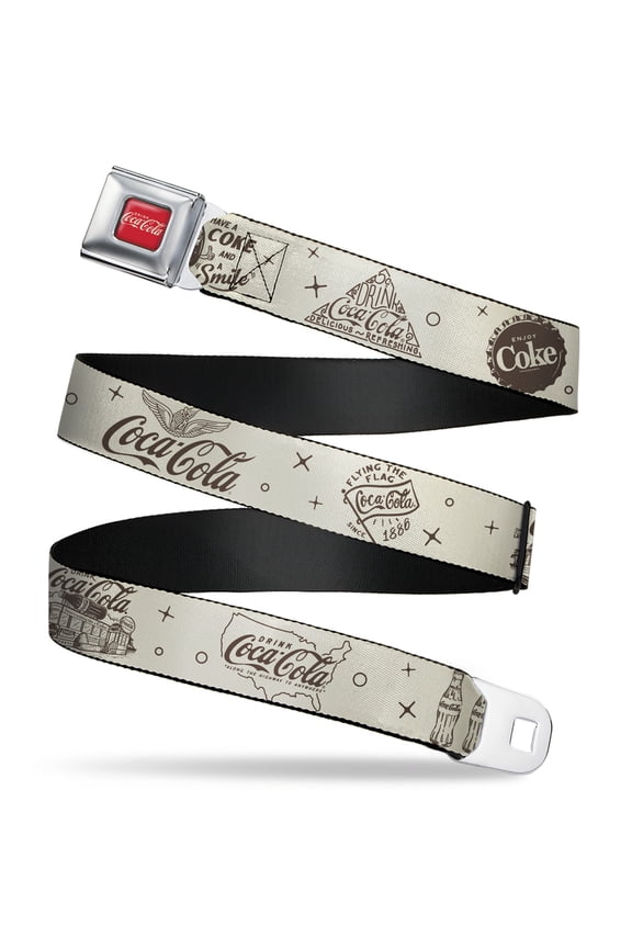 The Coca-Cola Company Belt, Seatbelt Buckle Belt, Vintage Coca Cola Coke Icons and Ad Logos White Brown, 30 to 44 Inches