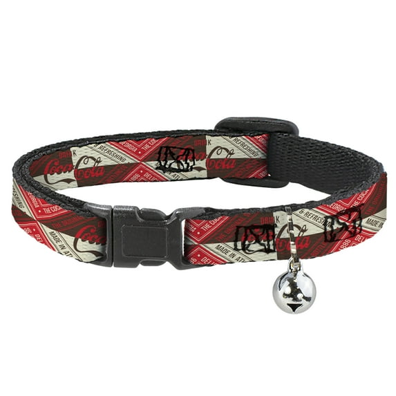 The Coca-Cola Company Cat Collar, Breakaway Collar with Bell, Drink Coca Cola Coke Diamond Blocks Red Brown Beige, 8.5 to 12 Inches 0.5 Inch Wide