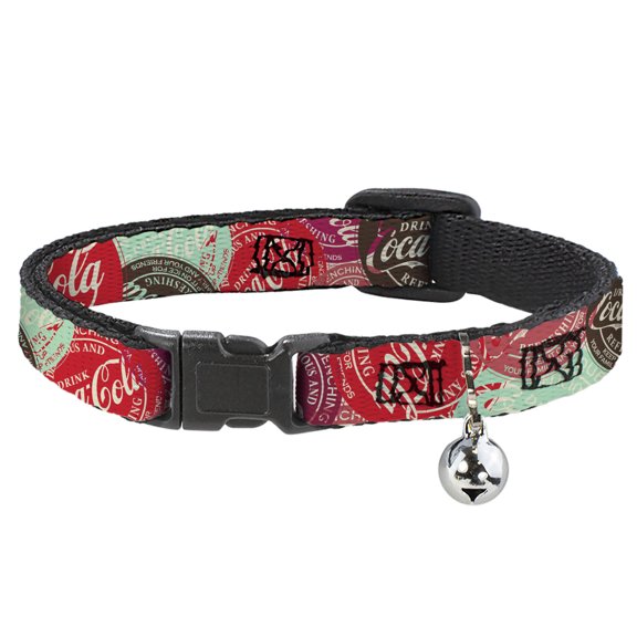 The Coca-Cola Company Cat Collar, Breakaway Collar with Bell, Drink Coca Cola Coke Patches Stacked Multi Color, 8.5 to 12 Inches 0.5 Inch Wide