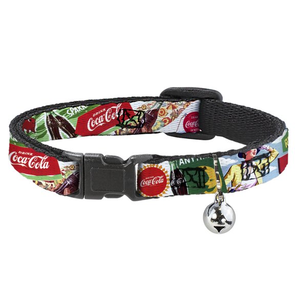 The Coca-Cola Company Cat Collar, Breakaway Collar with Bell, Vintage Coca Cola Go Refreshed Ads and Icons Collage, 8.5 to 12 Inches 0.5 Inch Wide