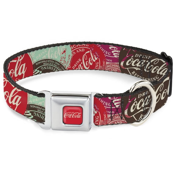 The Coca-Cola Company Pet Collar, Dog Collar Metal Seatbelt Buckle, Drink Coca Cola Coke Patches Stacked Multi Color, 9.5 to 13 Inches 1.0 Inch Wide