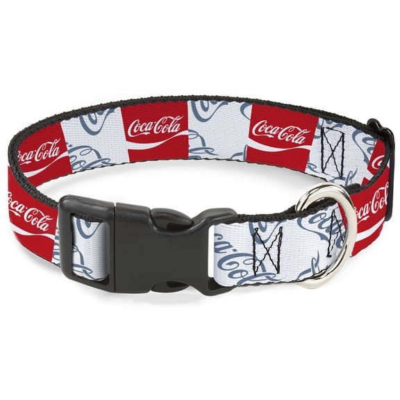 The Coca-Cola Company Pet Collar, Dog Collar Plastic Buckle, Coca Cola Script Logo Blocks Red White Light Blue, 8.5 to 12 Inches 0.5 Inch Wide