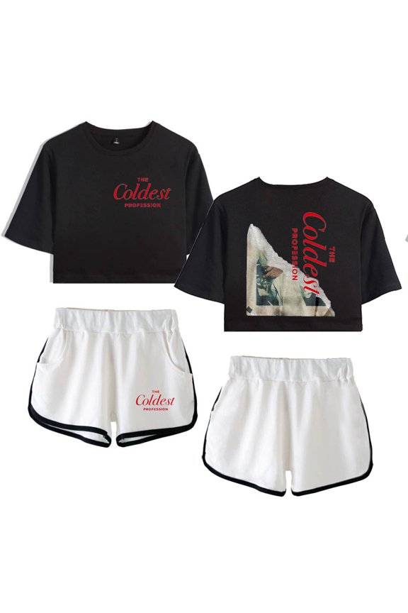 The Coldest Profession Album Collection Merch Women’s Crop Top Set – Midriff-Baring Fitted Gym Tee and Shorts for Music Fans