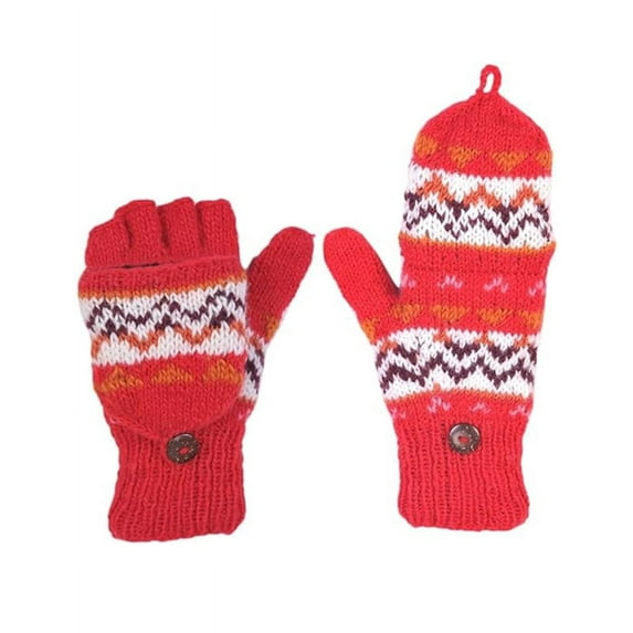 The Collection Royal Fingerless Fleece Lined Hand Knitted Cozy Woolen Fingerless Convertible Mitten Gloves Red