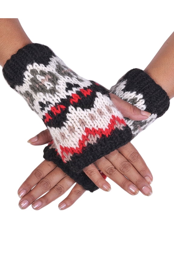Fingerless Hand Knitted Cozy Woolen Tribal Mitten Gloves Handwarmer Black