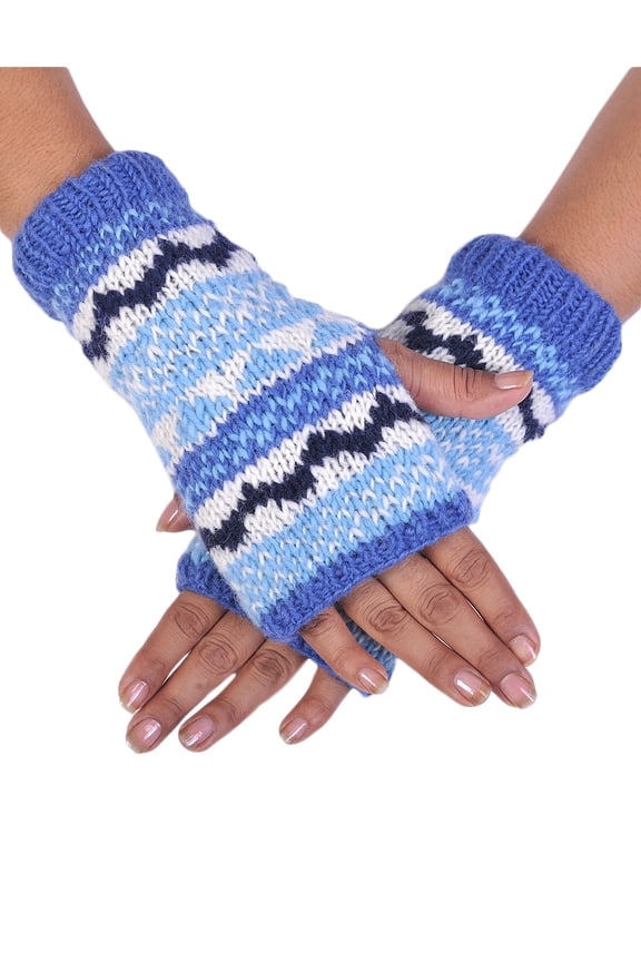 Fingerless Hand Knitted Cozy Woolen Tribal Mitten Gloves Handwarmer Blue