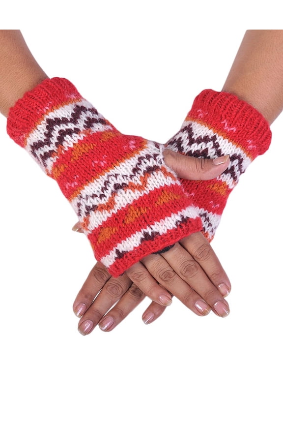 Fingerless Hand Knitted Cozy Woolen Tribal Mitten Gloves Handwarmer Red