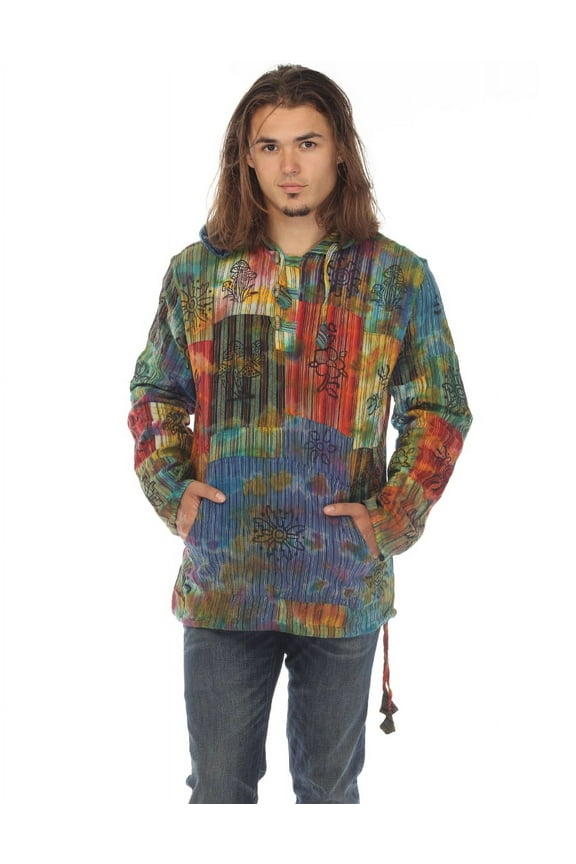 Men Hippie Patchwork Bohemian Casual Rave Festival Baja Boho Long Sleeve Hoodie Tops Shirt Tie Dye-L