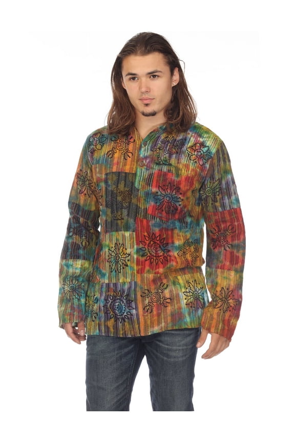 Men Hippie Patchwork Bohemian Casual Rave Festival Grandfather Boho Henley Long Sleeve Kurta Shirt Top Tie Dye-M