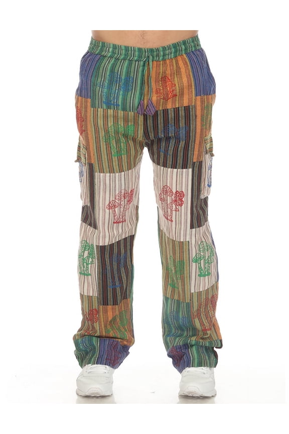 Men Hippie Patchwork Bohemian Casual Rave Festival Harem Drawstring Boho Trouser Pants Multi-Color-L