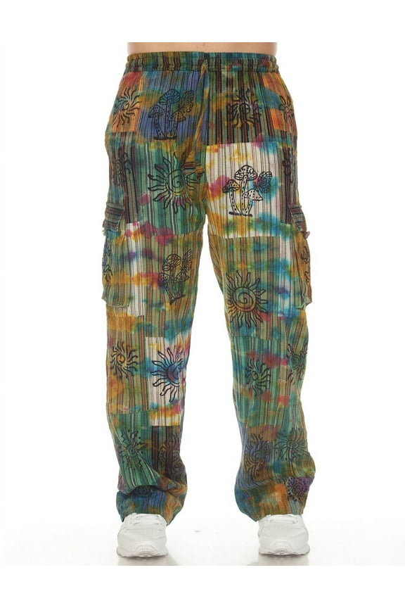 Men Hippie Patchwork Bohemian Casual Rave Festival Harem Drawstring Boho Trouser Pants Multi-L