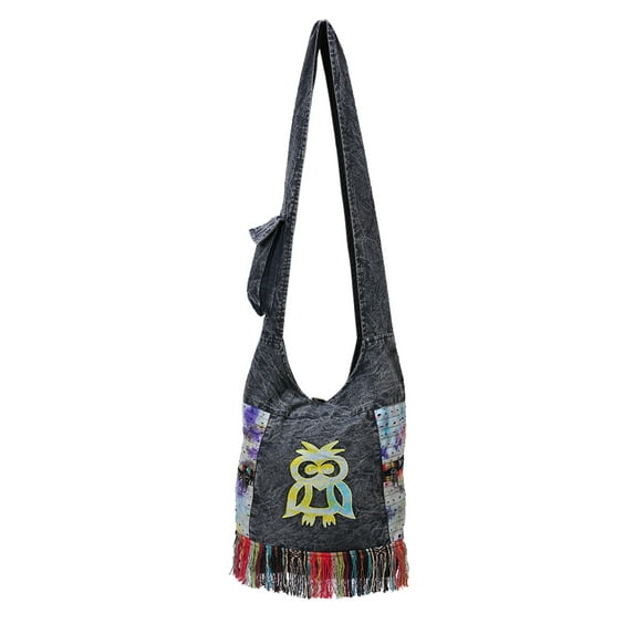 The Collection Royal Owl Patch Cotton Hobo Bag Black