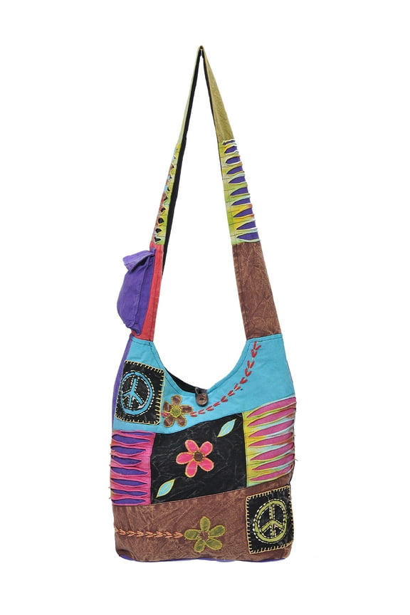 Peace and Floral Patched Cotton Hobo Bag