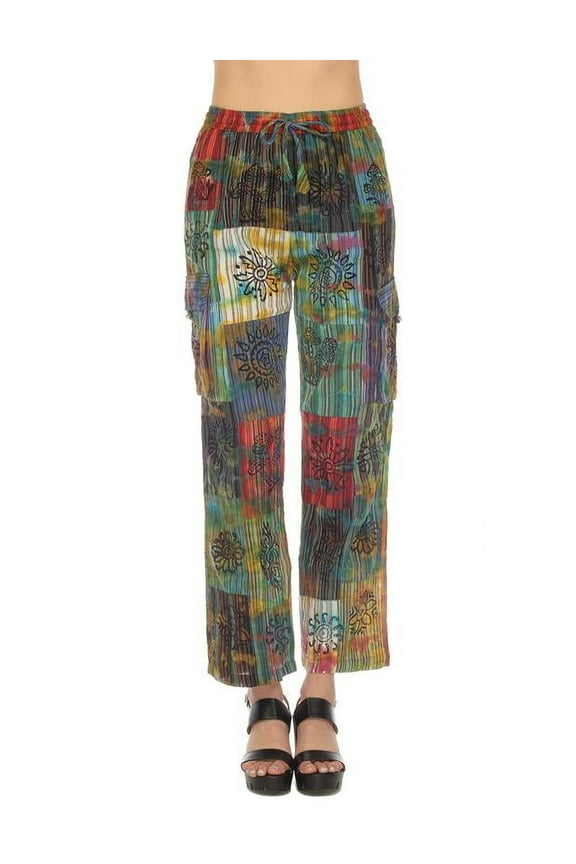 Women Hippie Patchwork Bohemian Casual Rave Festival Harem Drawstring Boho Trouser Pants-S/M