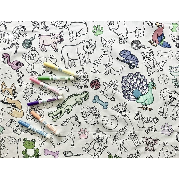 The Coloring Table – Animal Fun Design – Square Tablecloth – Fabric – Washable and Reusable