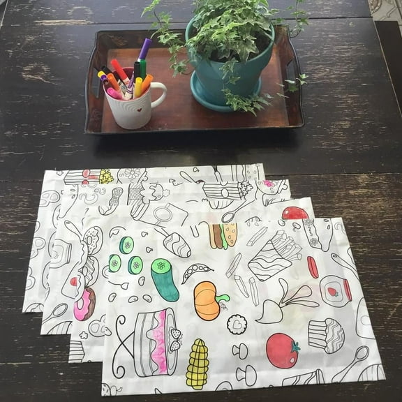 The Coloring Table - Food Fun Design – Set of 8 Placemats (14"x18") - Fabric - Washable and Reusable