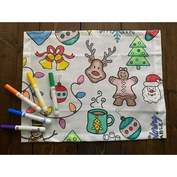 The Coloring Table – Holiday Design - Set of 8 Placemats (14"x18") - Fabric - Washable and Reusable