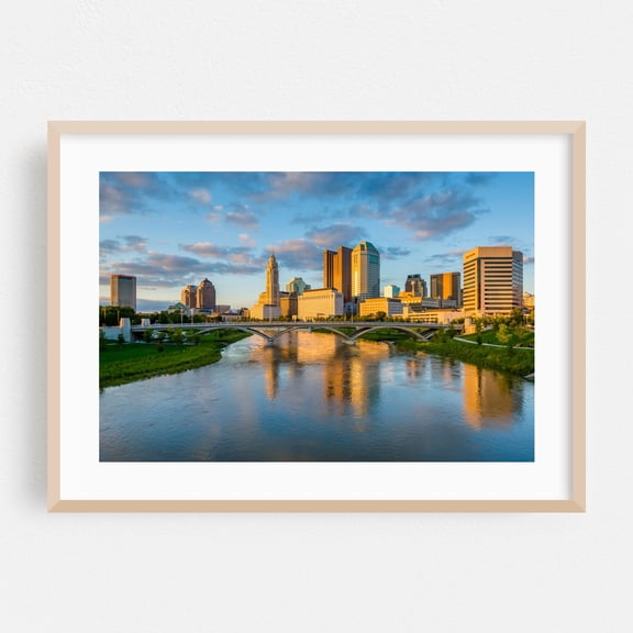 The Columbus Skyline 02 - Columbus Ohio Photography City Skyline Bridge Architecture Travel Poster Scenic Oak Framed Wall Art Print 5 x 7 inches