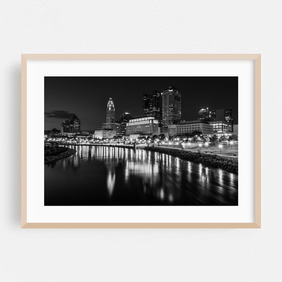 The Columbus Skyline - Columbus Ohio Photography Black and White Skyline City Architecture Nightlife Bridge Oak Framed Wall Art Print 5 x 7 inches