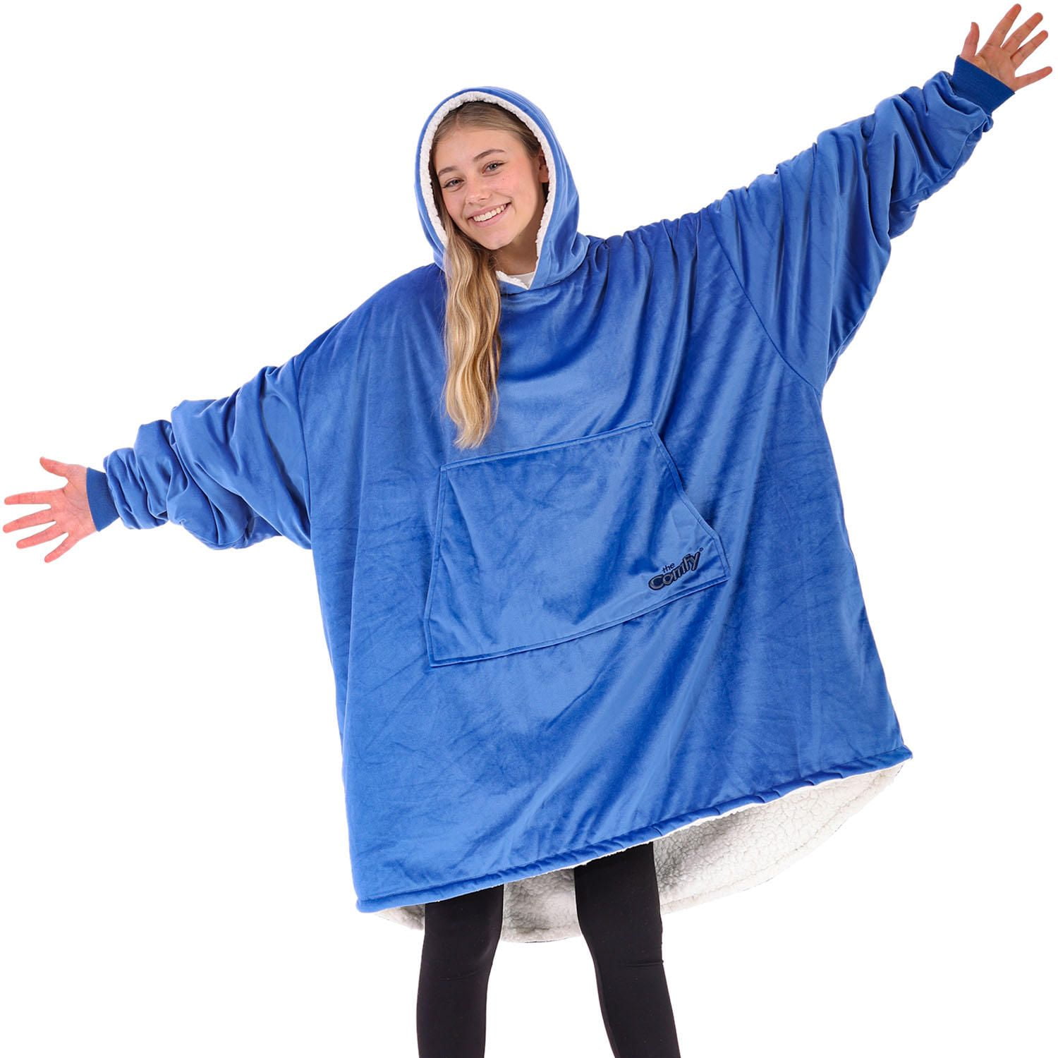 The Comfy Original Unisex Sherpa Lined Wearable Hoodie Blanket W/ Front  Pocket (Classic Blue)