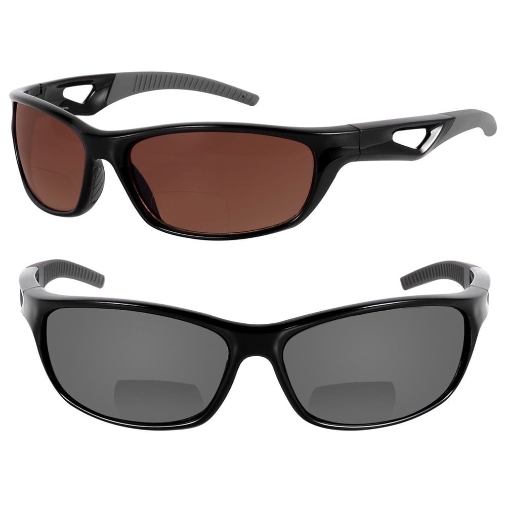 "The Competitor" 2 Pair of Precision Sport Wrap Bifocal Sunglasses Featuring High Definition Lenses - Black/High Definition Amber - 2.00