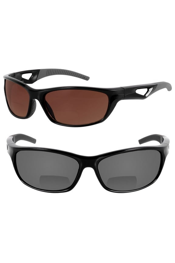 "The Competitor" 2 Pair of Precision Sport Wrap Bifocal Sunglasses Featuring High Definition Lenses - Black/High Definition Amber - 2.00