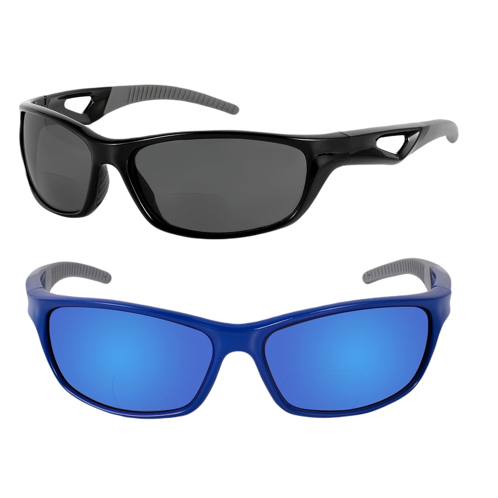 "The Competitor" 2 Pair of Precision Sport Wrap Bifocal Sunglasses Featuring High Definition Lenses - Black/Open Road Blue - 2.50