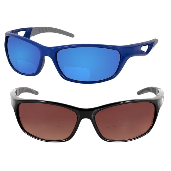 "The Competitor" 2 Pair of Precision Sport Wrap Bifocal Sunglasses Featuring High Definition Lenses - Open Road Blue/High Definition Amber - 1.50
