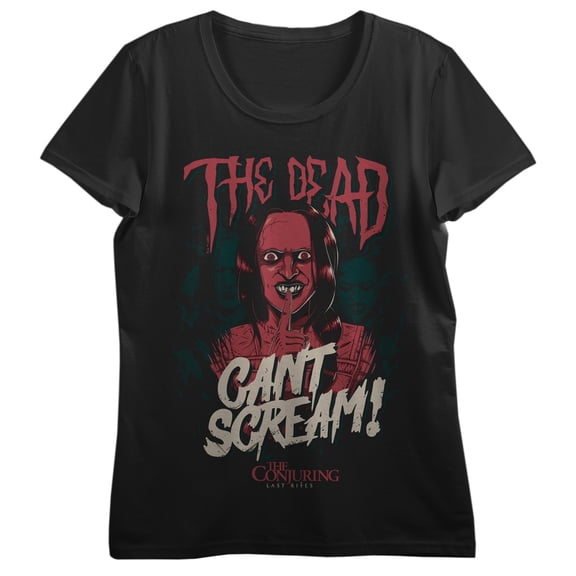The Conjuring 4: Last Rites (2025) Red Monster and Ghost, The Dead cant scream! text and logo on black Adult T-Shirt-XS
