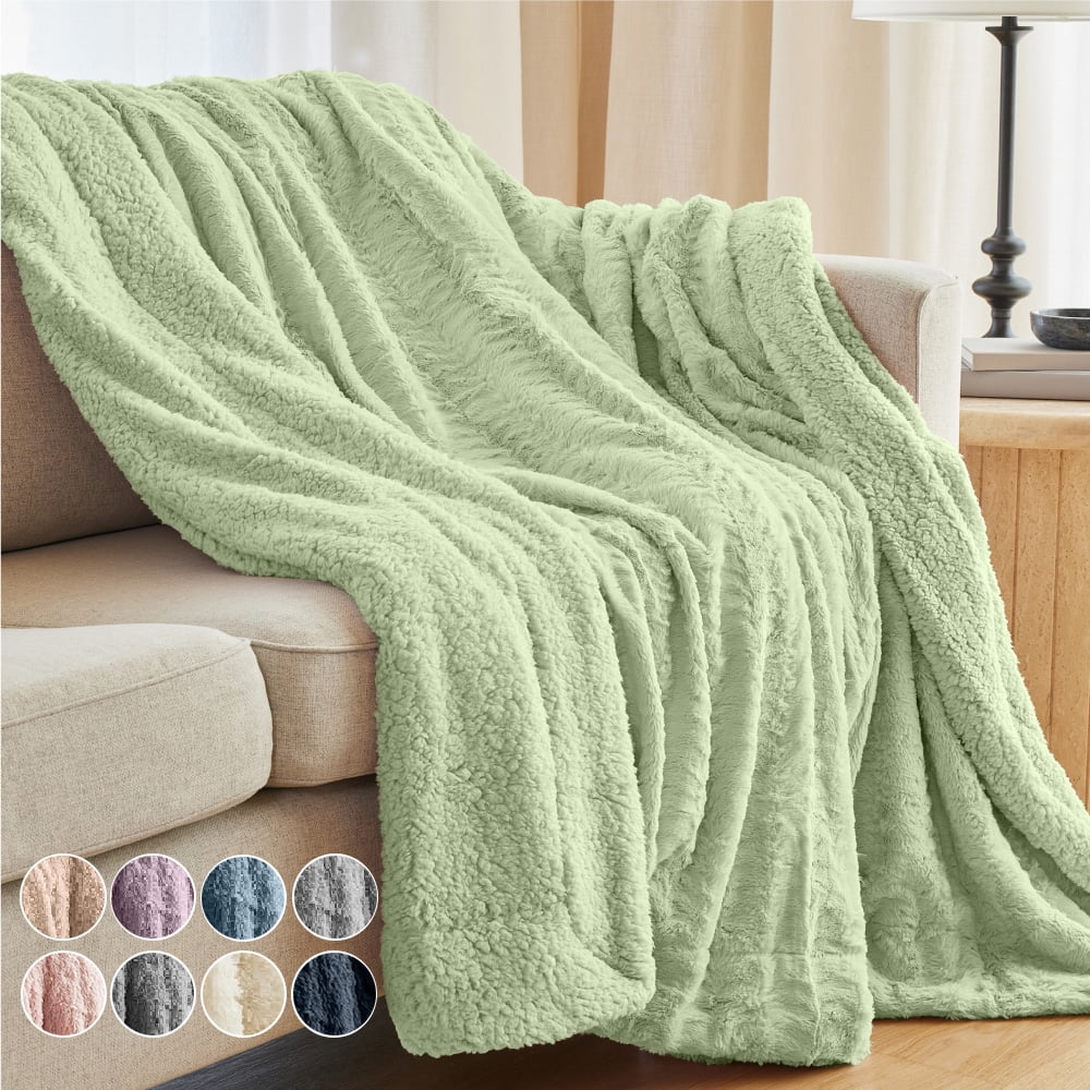 Sage Green Faux Fur Sherpa Reversible Throw Blanket, 65” x 50”