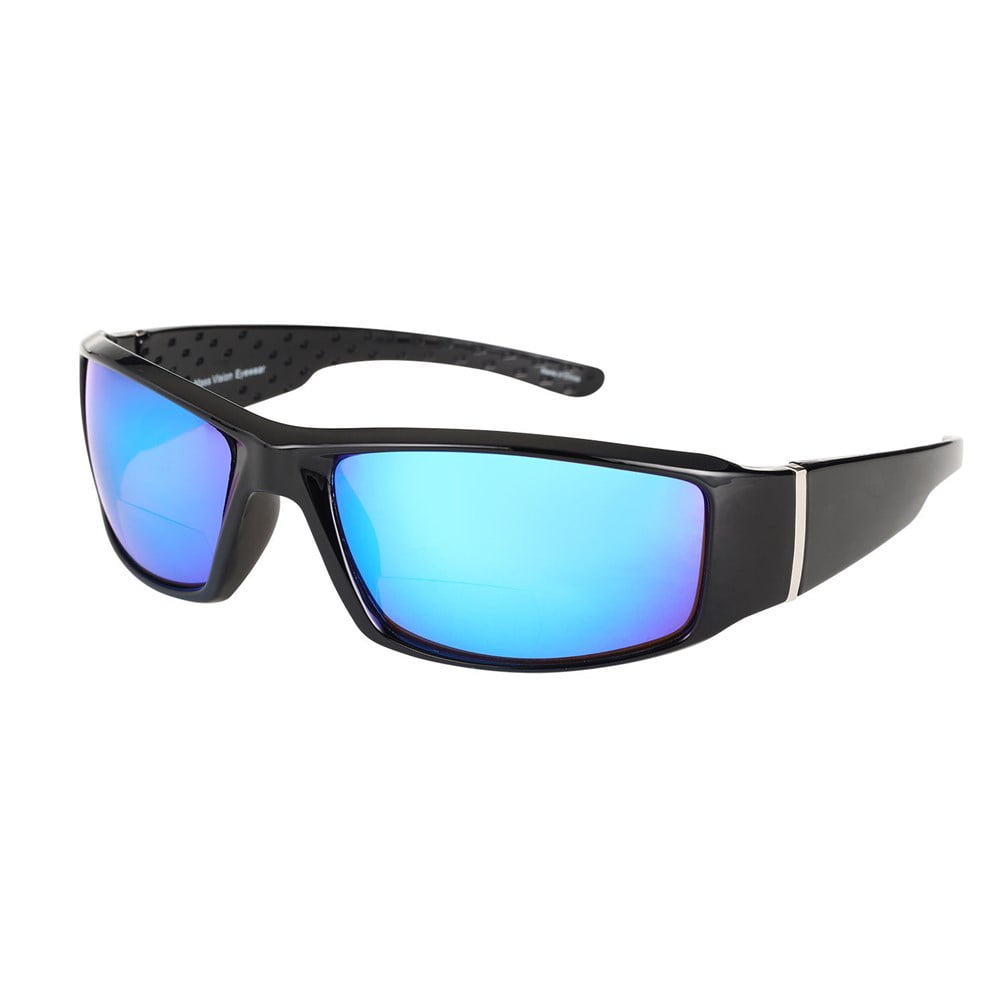 "The Contender" Polarized Full Frame Sport Wrap Bifocal Sunglasses for Men and Women - Open Road Blue - 1.75
