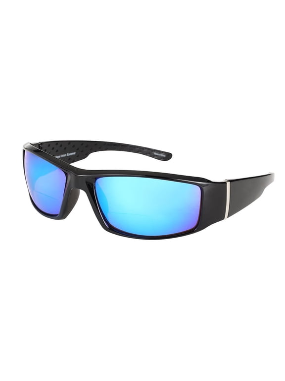 "The Contender" Polarized Full Frame Sport Wrap Bifocal Sunglasses for Men and Women - Open Road Blue - 2.00